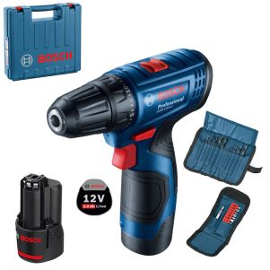 Bosch ProfessionalGSR 120+ACC Masina de gaurit si insurubat (bormasina) Li-ion 12V/2Ah, 14/30 Nm, 1500 RPM, +2 acumulatori +incarcator +valiza profesionala +set 23 burghie si biti cu suport, cod 06019G8002 