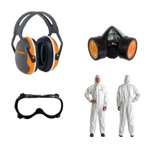 Kit-ul pentru atomizor include căști de protecție, mască de protecție, ochelari și salopetă.
