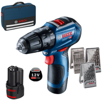 BOSCH GSB 12V-30 Masina de gaurit cu percutie ,2 x Li-Ion, 2Ah, 30Nm + 3 Set accesorii, geanta textila