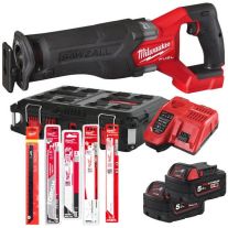 Milwaukee FSZ100P-502P FUEL™ SAWZALL™ Fierastrau sabie cu 2 acumulatori 18V/5Ah + incarcator + cutie PACKOUT + 93 panze multimaterial