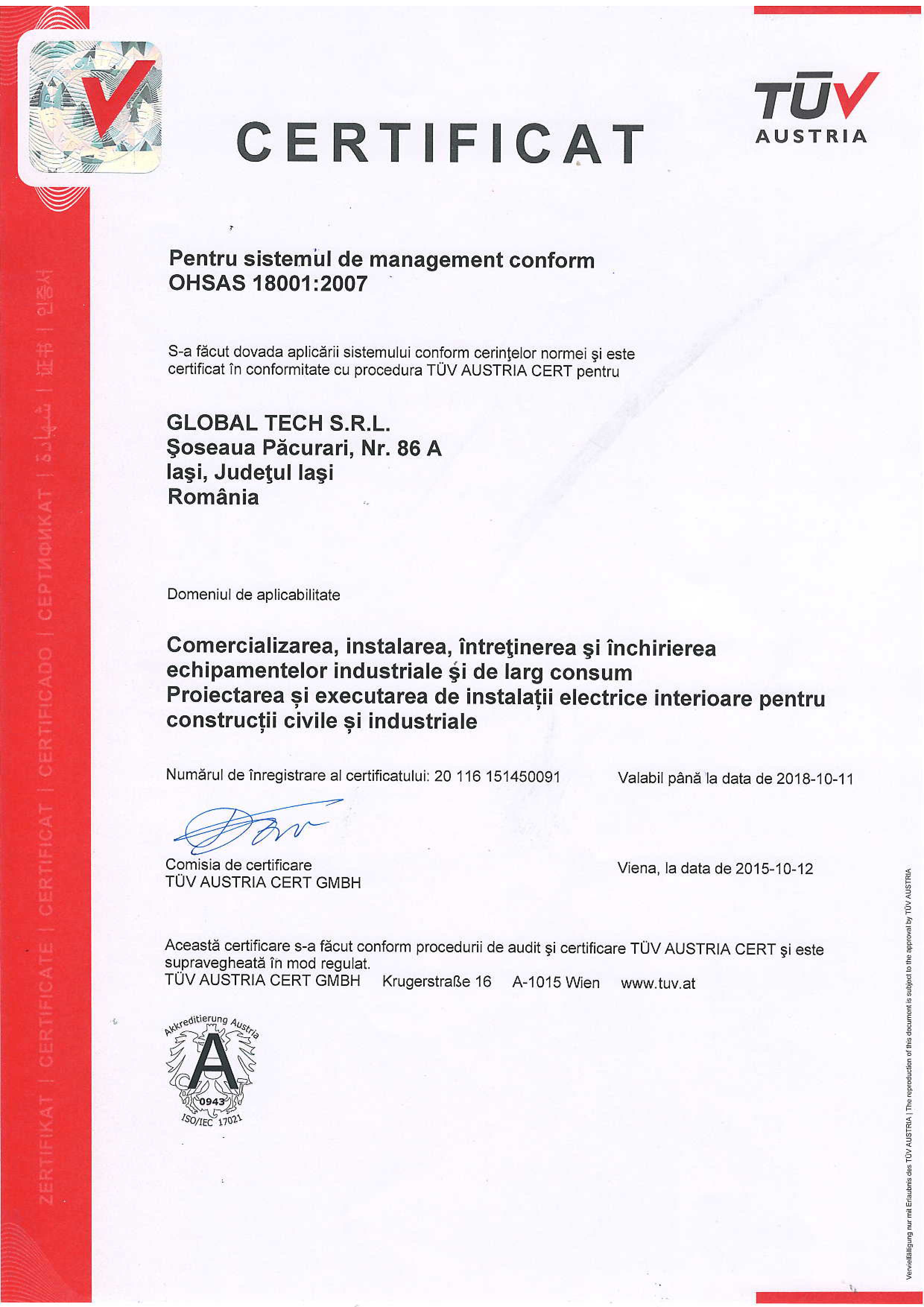 Certificat ISO 18001 Global Tech