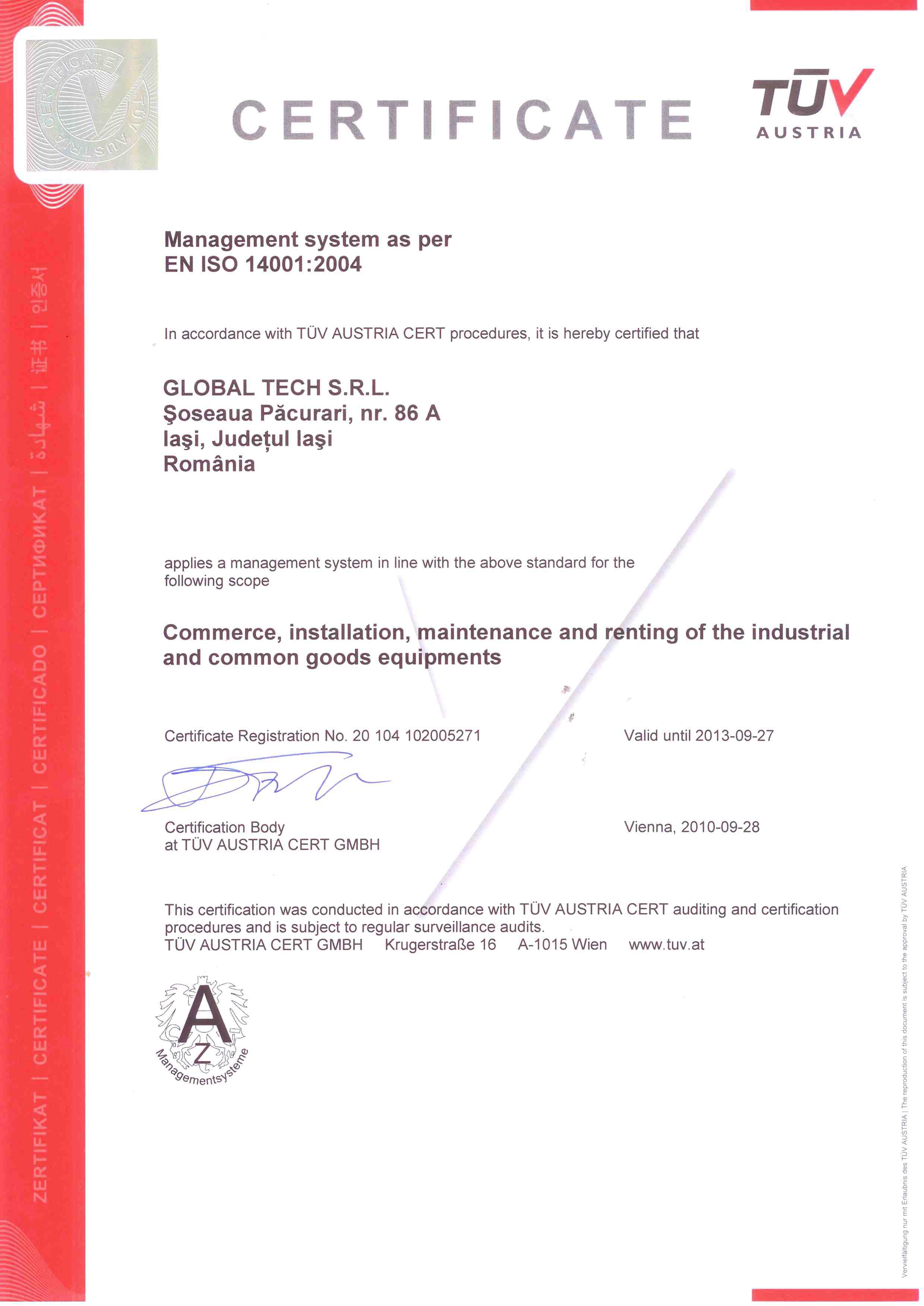 Certificare ISO 14001 Global Tech